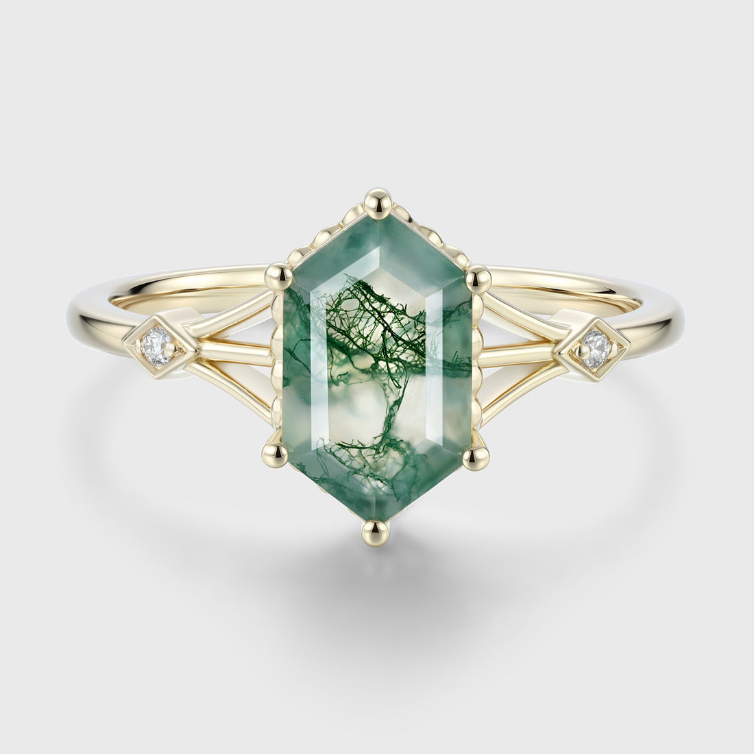 Long Hexagon cut Moss Agate Engagement Ring