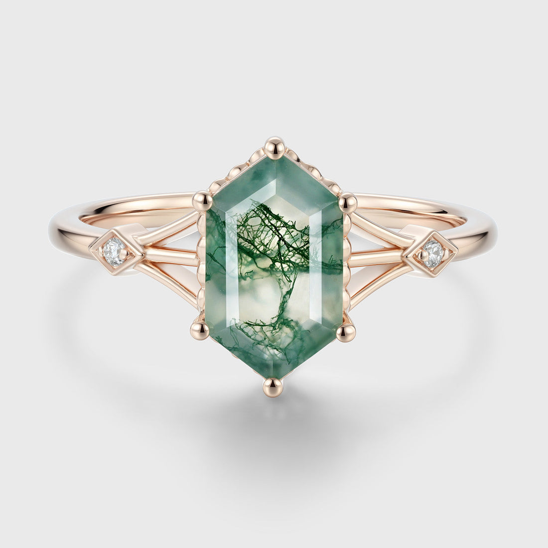 Long Hexagon cut Moss Agate Engagement Ring