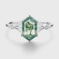 Long Hexagon cut Moss Agate Engagement Ring