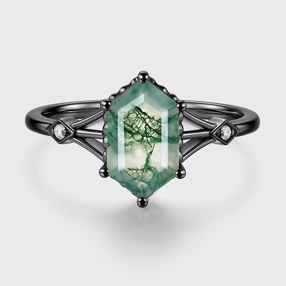Long Hexagon cut Moss Agate Engagement Ring
