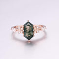 Long Hexagon cut Moss Agate Solid Gold Engagement Ring
