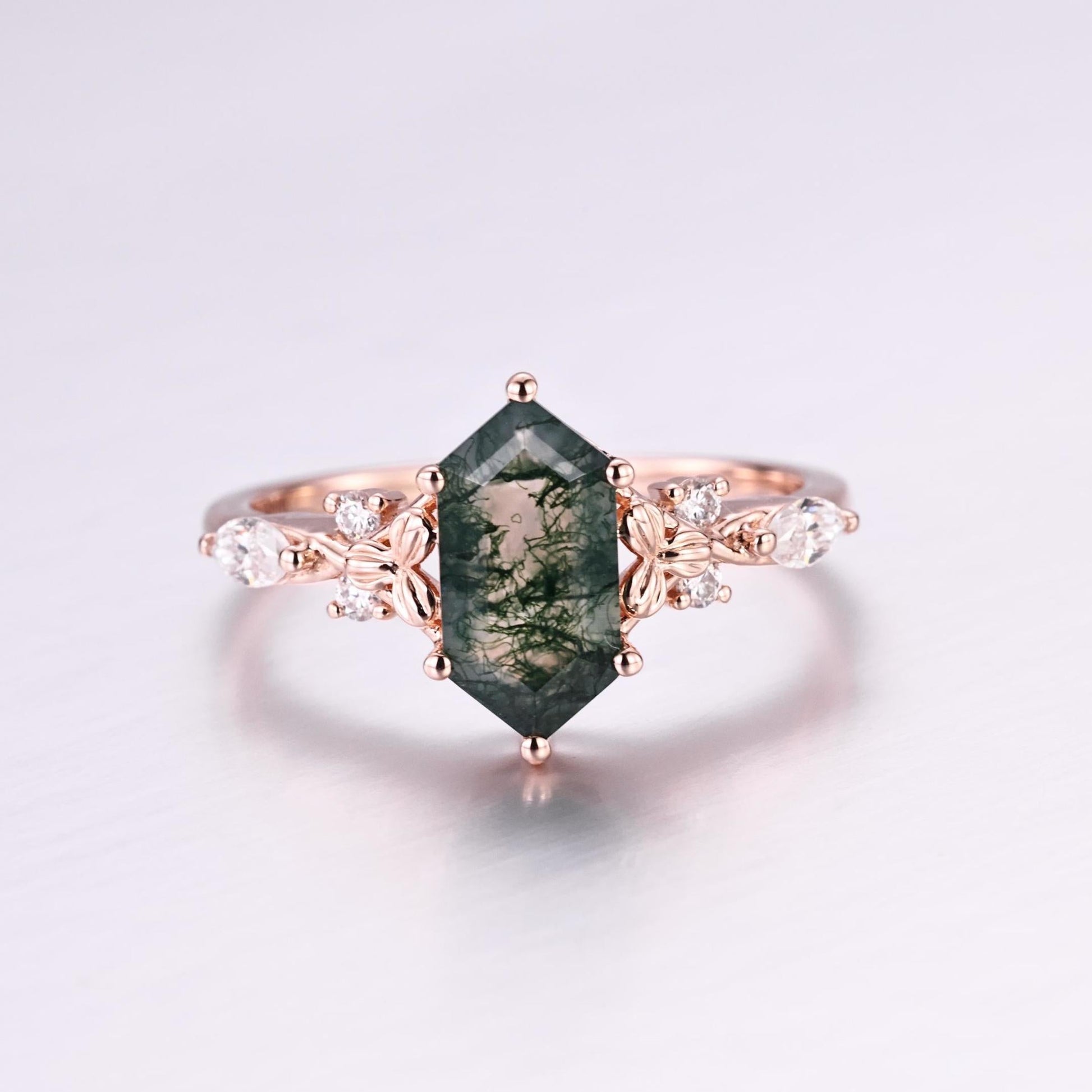 Long Hexagon cut Moss Agate Solid Gold Engagement Ring