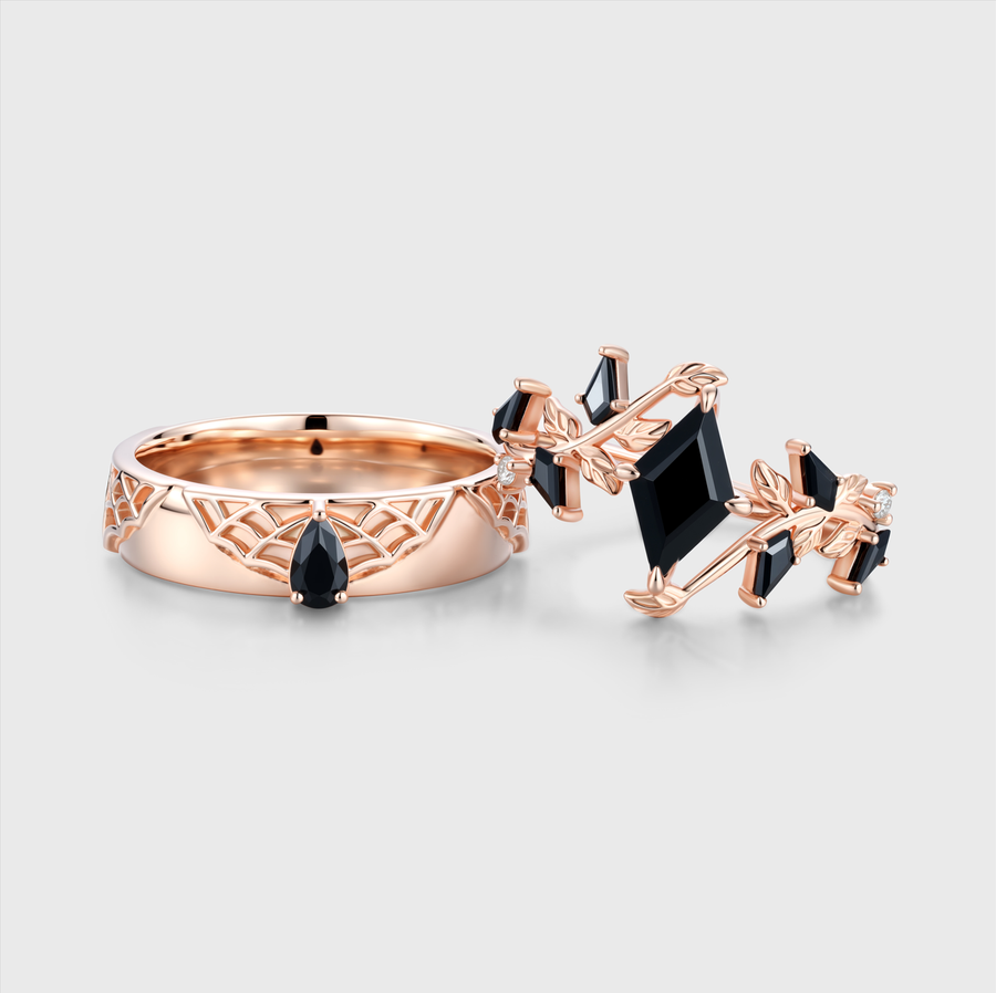 Lozenge cut Black Onyx Gothic Spider Web Floral Couples Ring Set