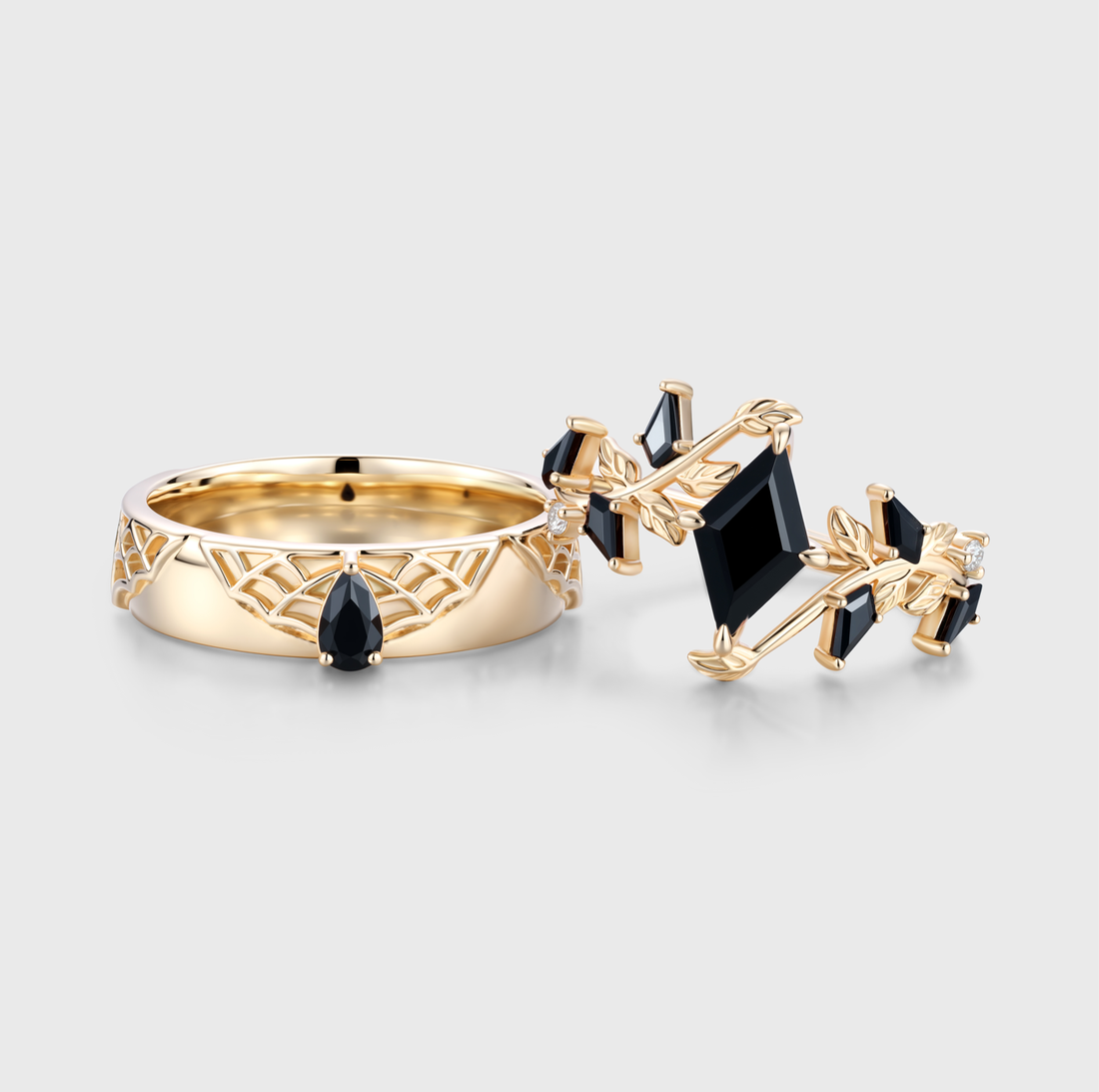 Lozenge cut Black Onyx Gothic Spider Web Floral Couples Ring Set