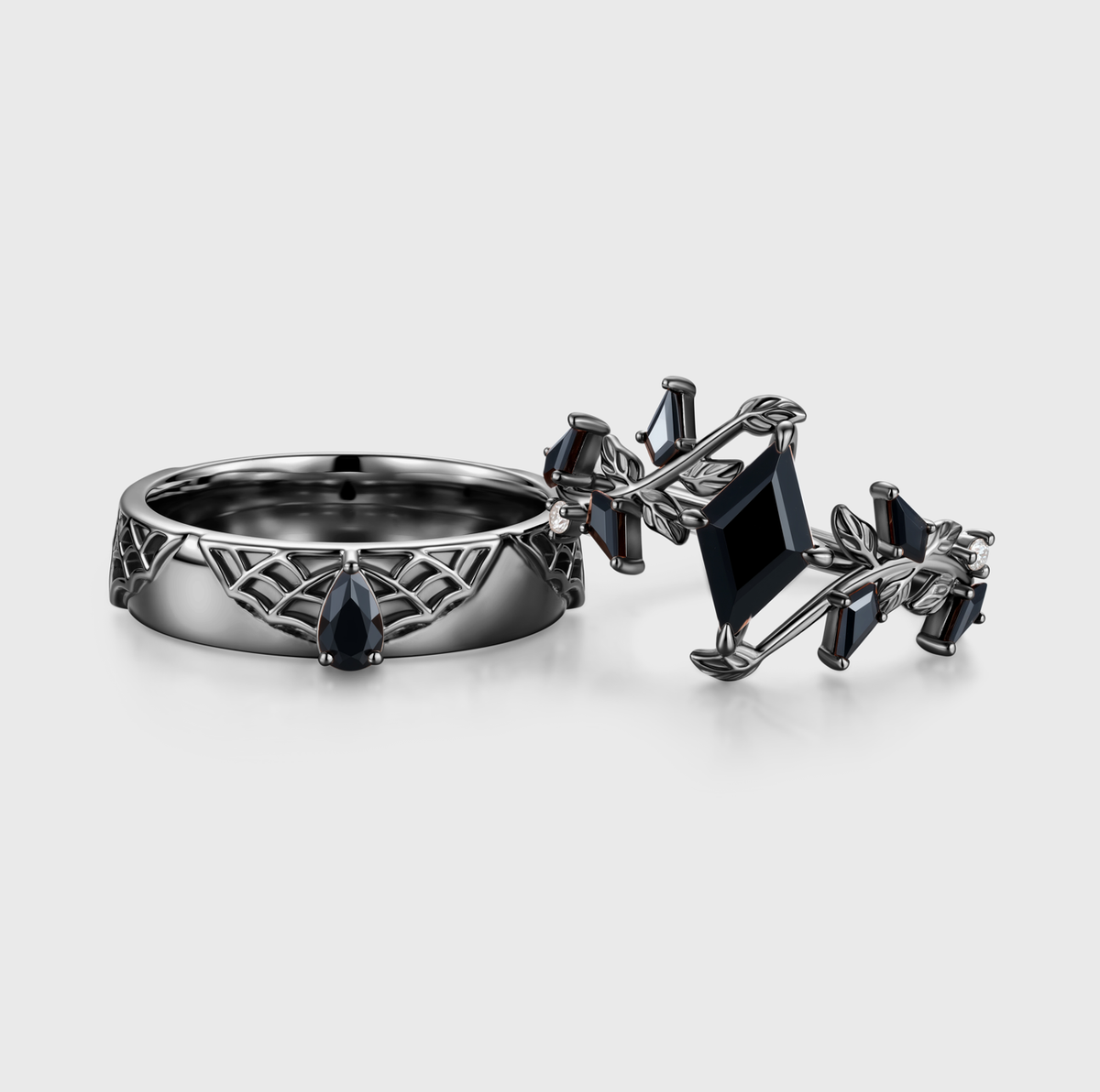Lozenge cut Black Onyx Gothic Spider Web Floral Couples Ring Set