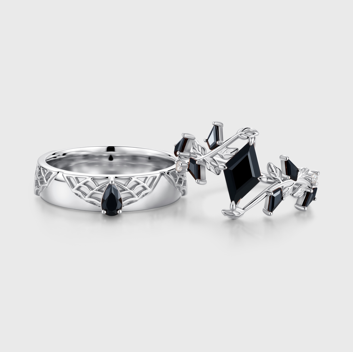 Lozenge cut Black Onyx Gothic Spider Web Floral Couples Ring Set