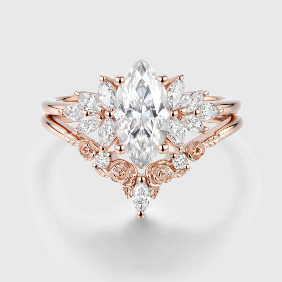 1.0Carat Marquise cut Moissanite Engagement Ring Cluster diamonds Rose Gold Wedding Bridal Set