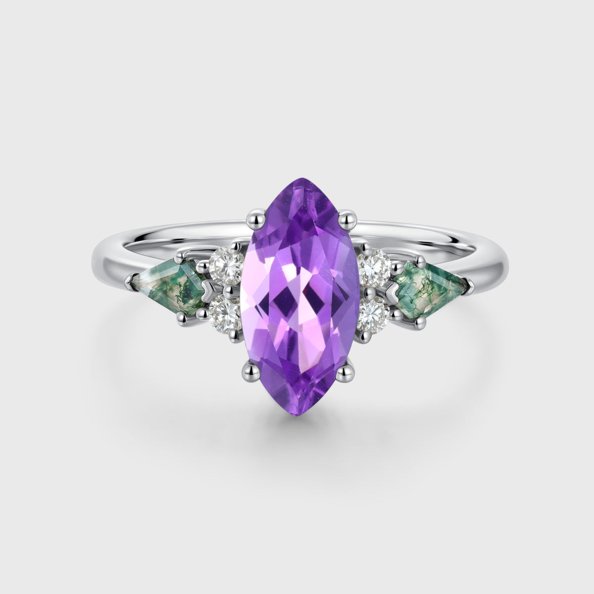 Marquise cut Amethyst & Moss Agate Solid Gold Engagement Ring