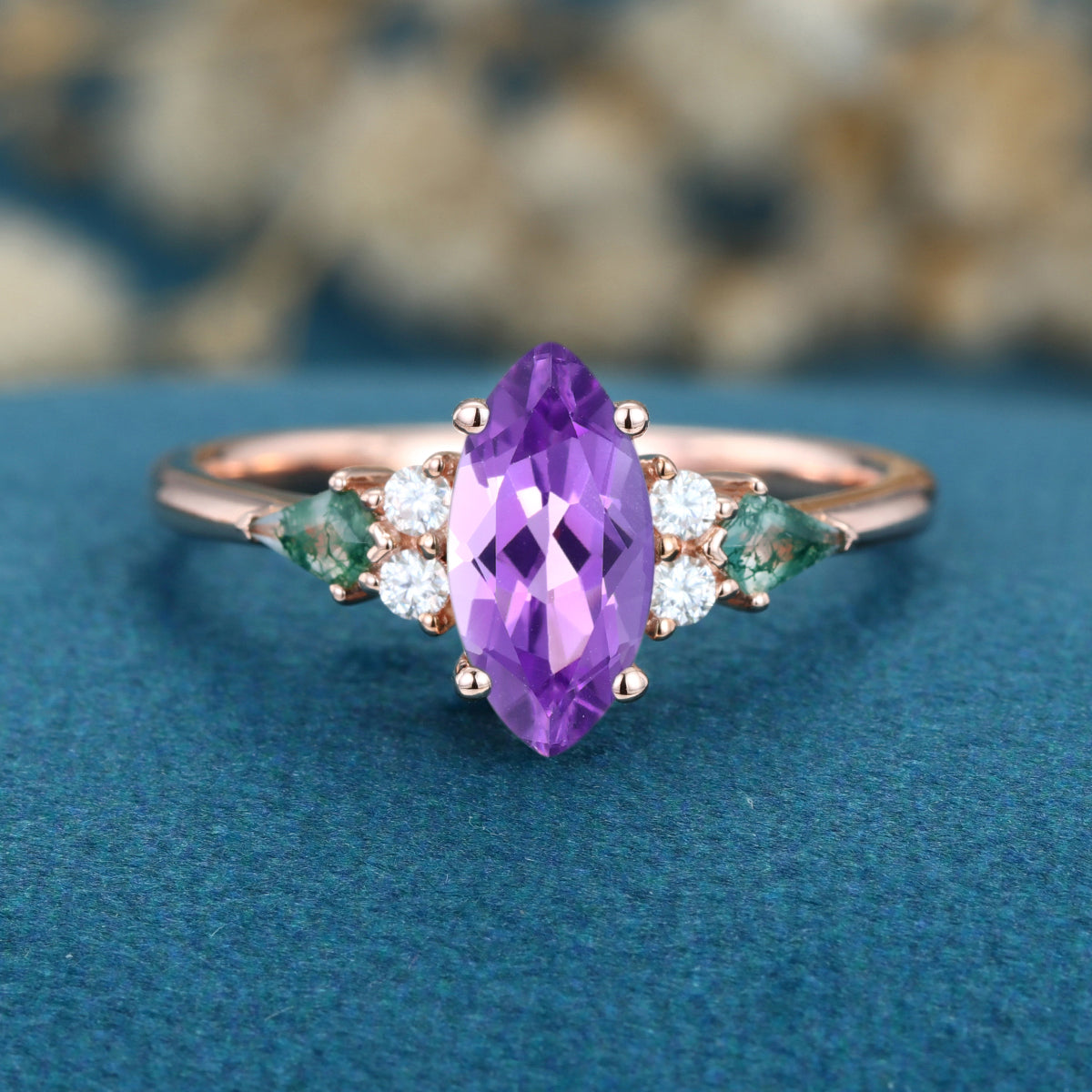 Marquise cut Amethyst & Moss Agate Solid Gold Engagement Ring