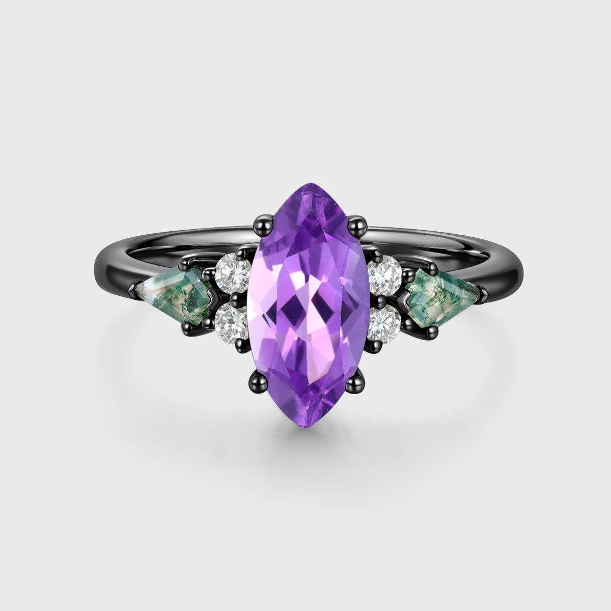 Marquise cut Amethyst & Moss Agate Solid Gold Engagement Ring