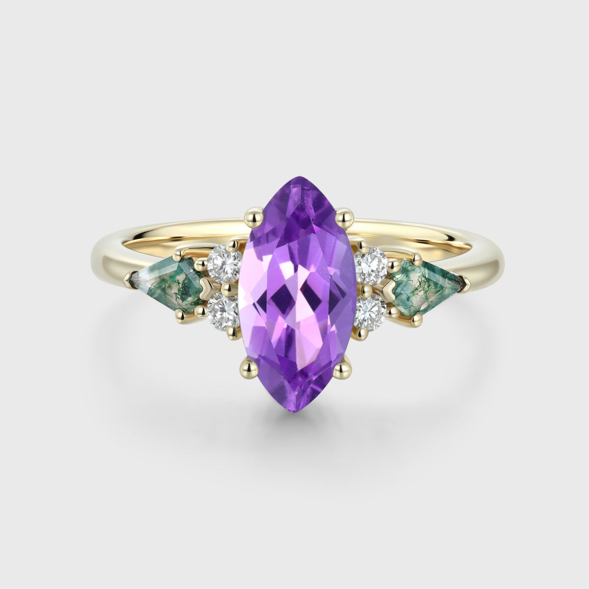 Marquise cut Amethyst & Moss Agate Solid Gold Engagement Ring