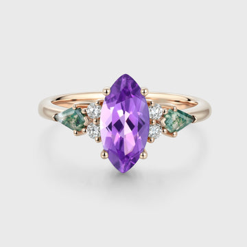 Marquise cut Amethyst & Moss Agate Solid Gold Engagement Ring