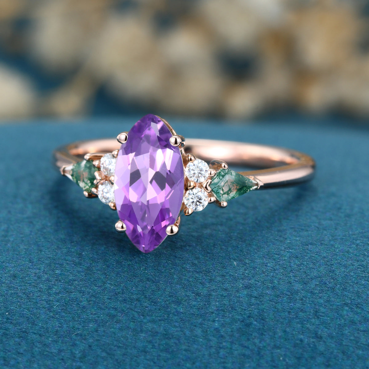 Marquise cut Amethyst & Moss Agate Solid Gold Engagement Ring