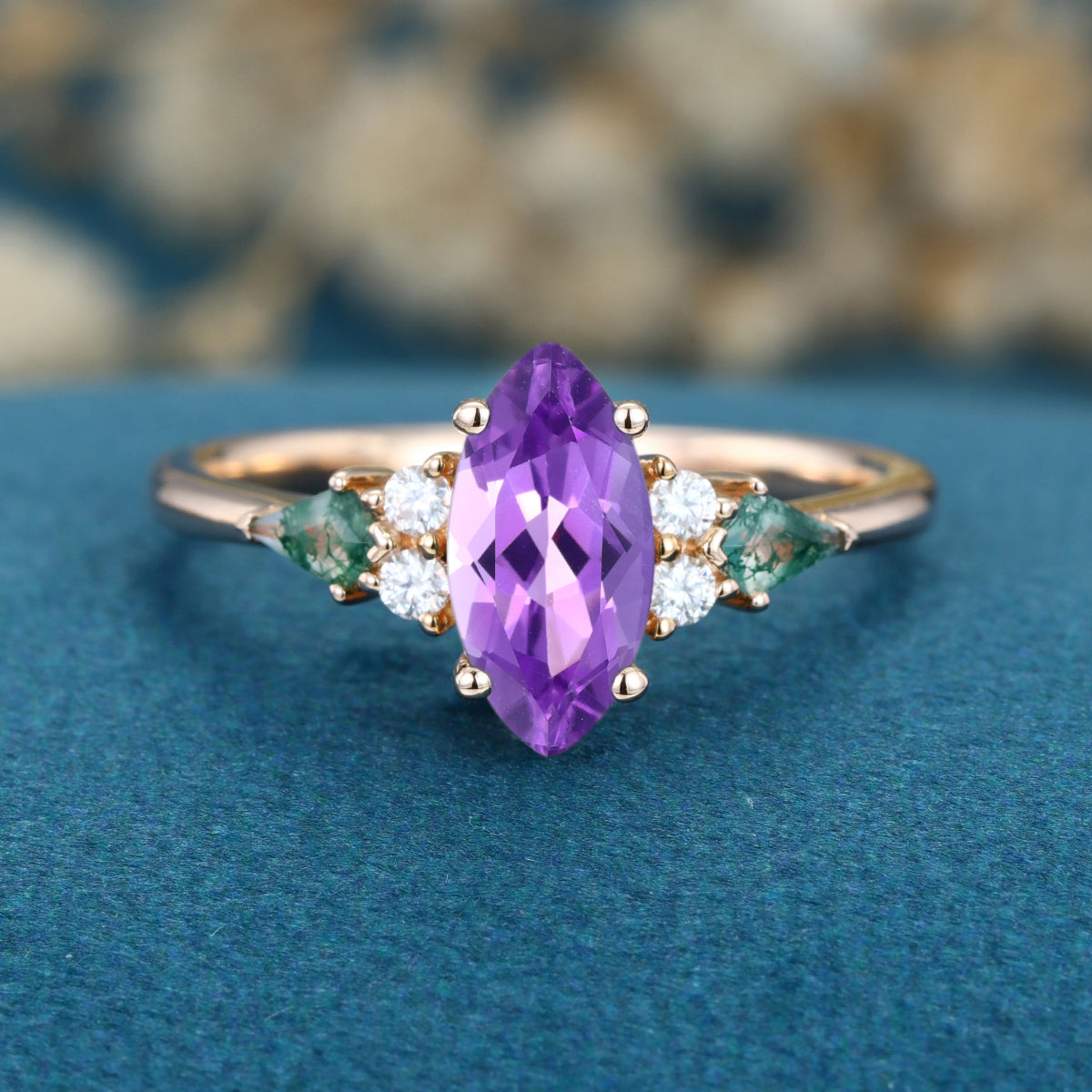 Marquise cut Amethyst & Moss Agate Solid Gold Engagement Ring