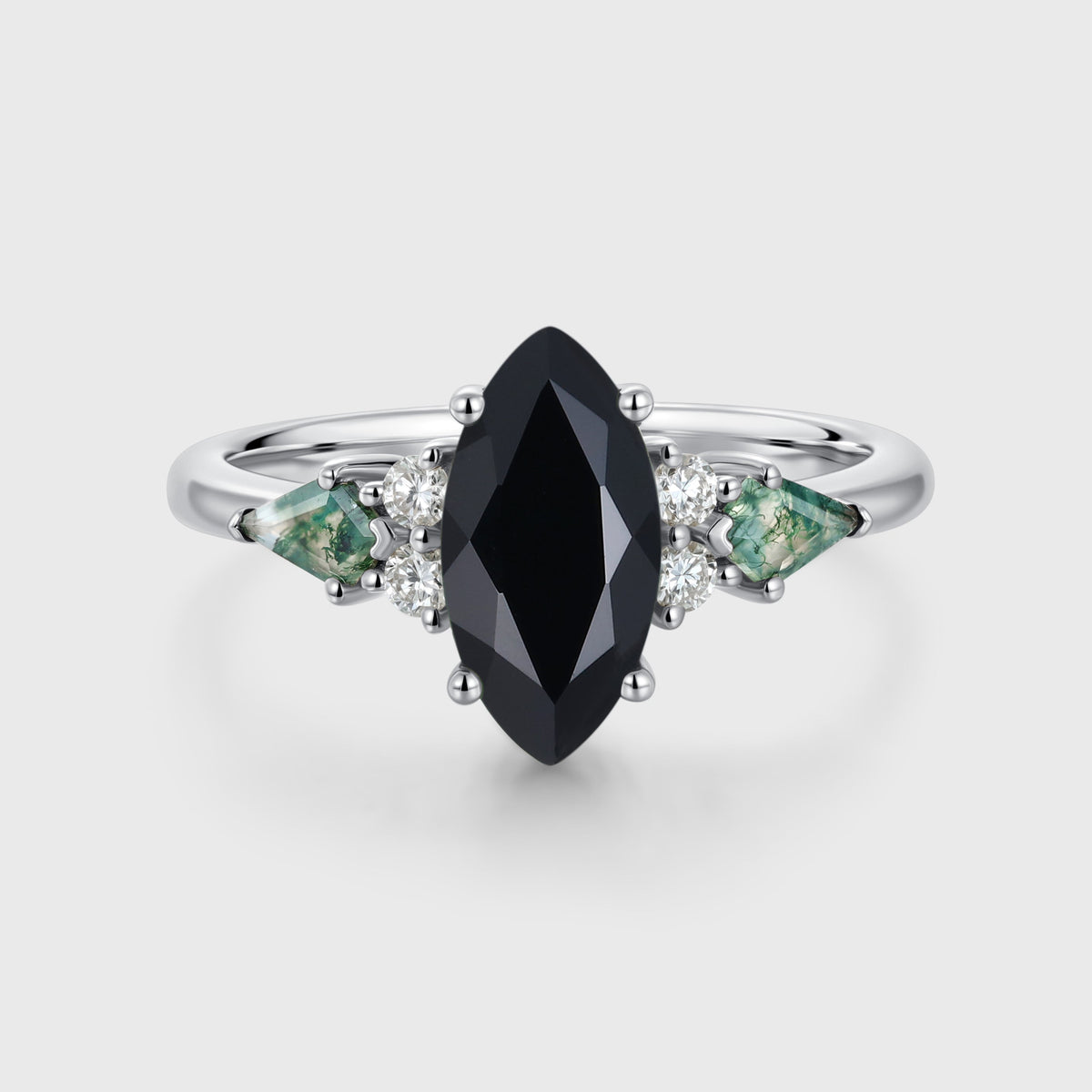 Marquise cut Black onyx & Moss Agate Solid Gold Engagement Ring