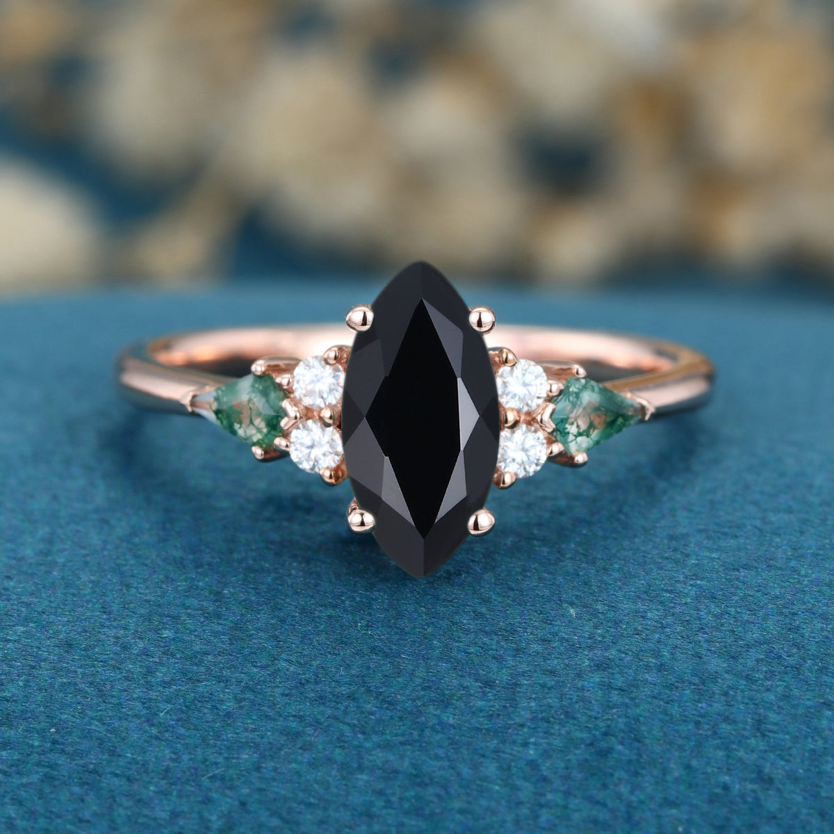 Marquise cut  Black Onyx & Moss Agate Solid Gold Engagement Ring