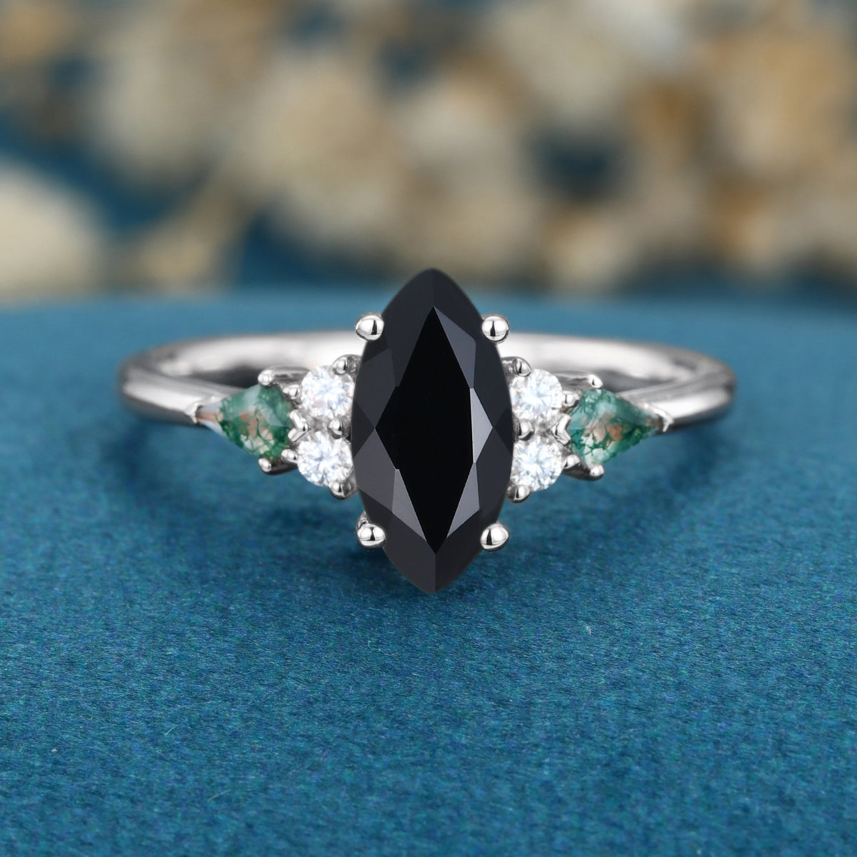 Marquise cut  Black Onyx & Moss Agate Solid Gold Engagement Ring