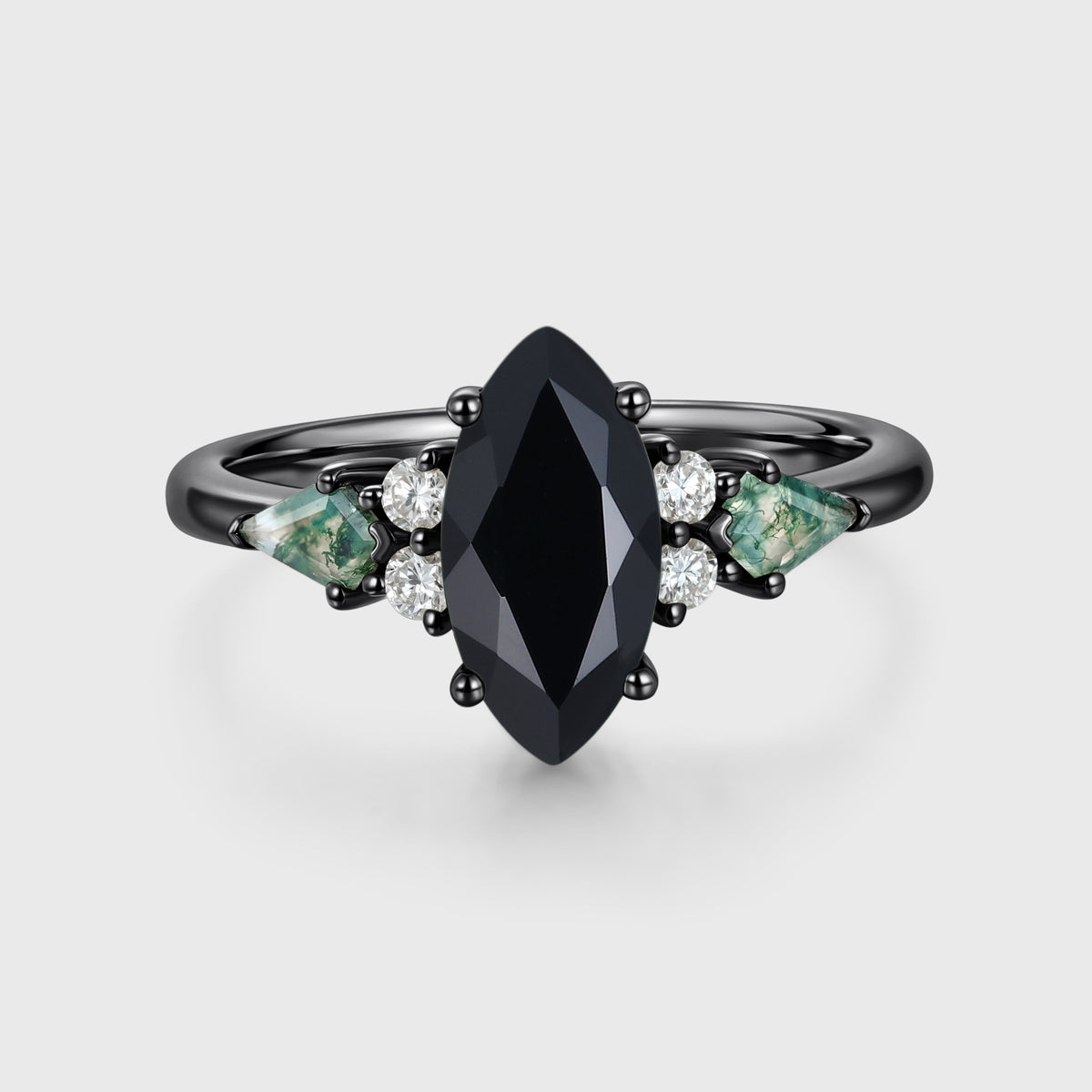 Marquise cut Black onyx & Moss Agate Solid Gold Engagement Ring
