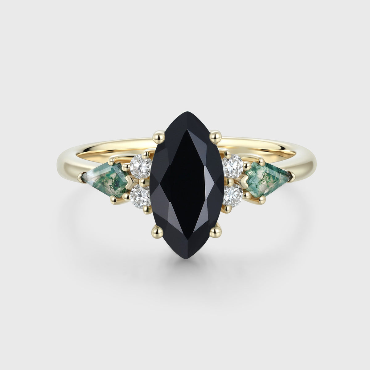 Marquise cut Black onyx & Moss Agate Solid Gold Engagement Ring