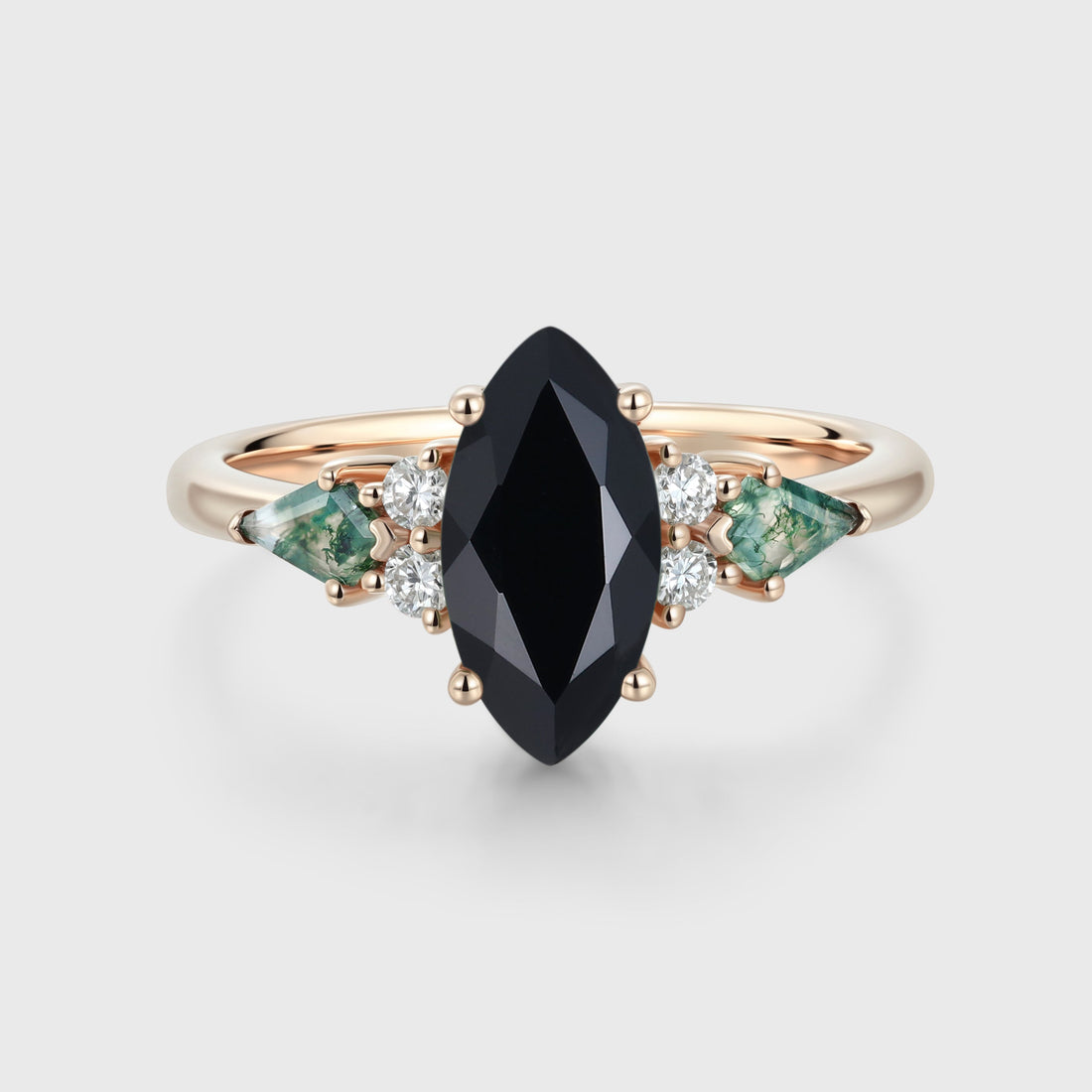 Marquise cut Black onyx & Moss Agate Solid Gold Engagement Ring