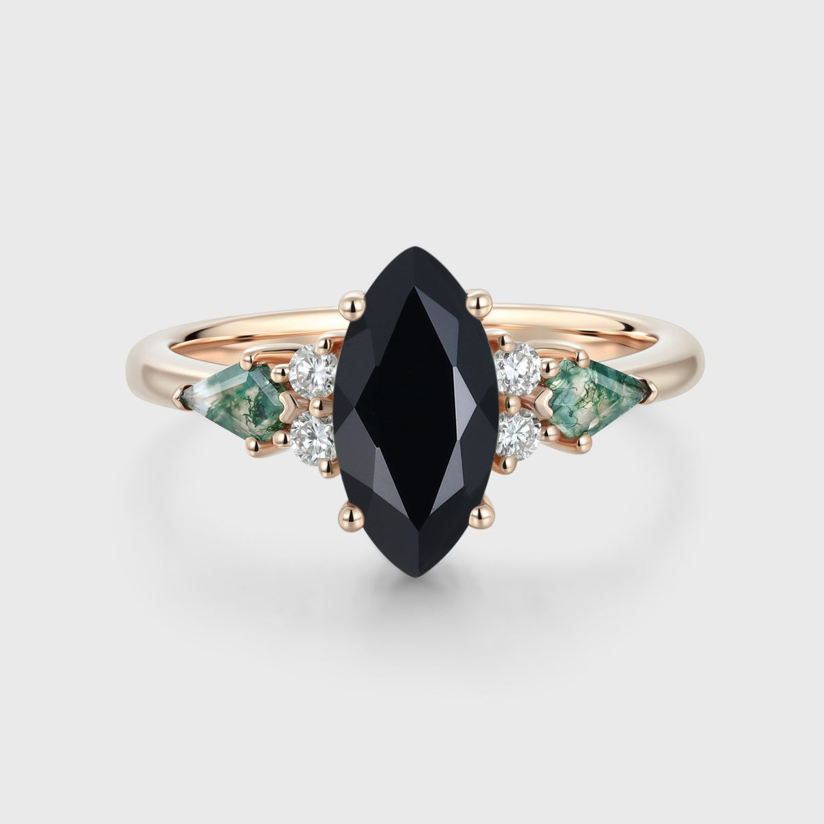 Marquise cut Black onyx & Moss Agate Solid Gold Engagement Ring