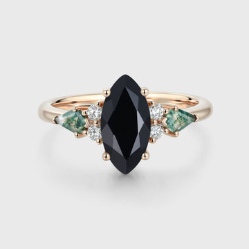 Marquise cut Black onyx & Moss Agate Solid Gold Engagement Ring