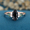 Marquise cut Black onyx & Moss Agate Solid Gold Engagement Ring
