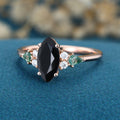 Marquise cut Black onyx & Moss Agate Solid Gold Engagement Ring
