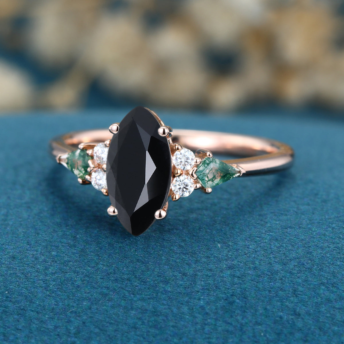 Marquise cut Black onyx & Moss Agate Solid Gold Engagement Ring