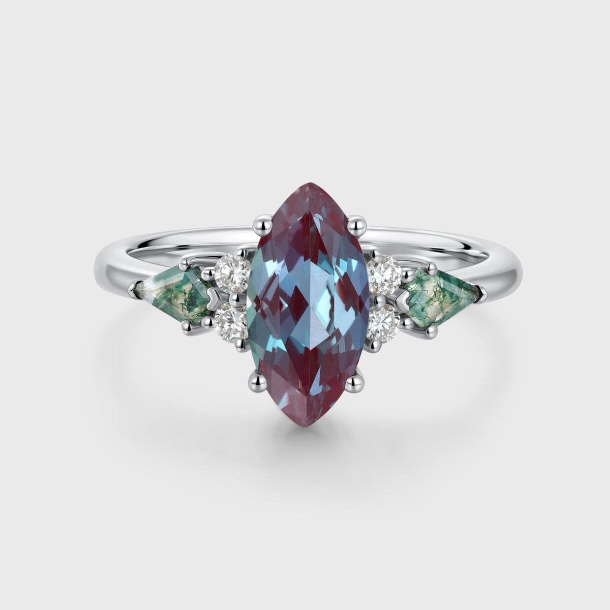 Marquise cut Lab Alexandrite & Moss Agate Solid Gold Engagement Ring