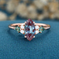 Marquise cut Lab Alexandrite & Moss Agate Solid Gold Engagement Ring