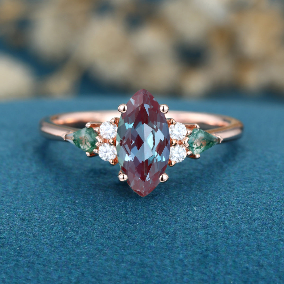 Marquise cut Lab Alexandrite & Moss Agate Solid Gold Engagement Ring