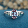 Marquise cut Lab Alexandrite & Moss Agate Solid Gold Engagement Ring
