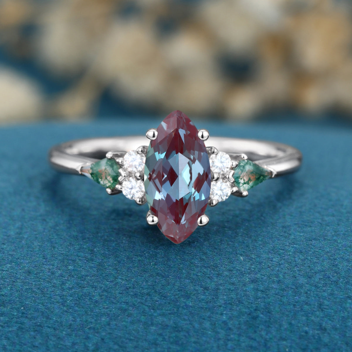 Marquise cut Lab Alexandrite & Moss Agate Solid Gold Engagement Ring