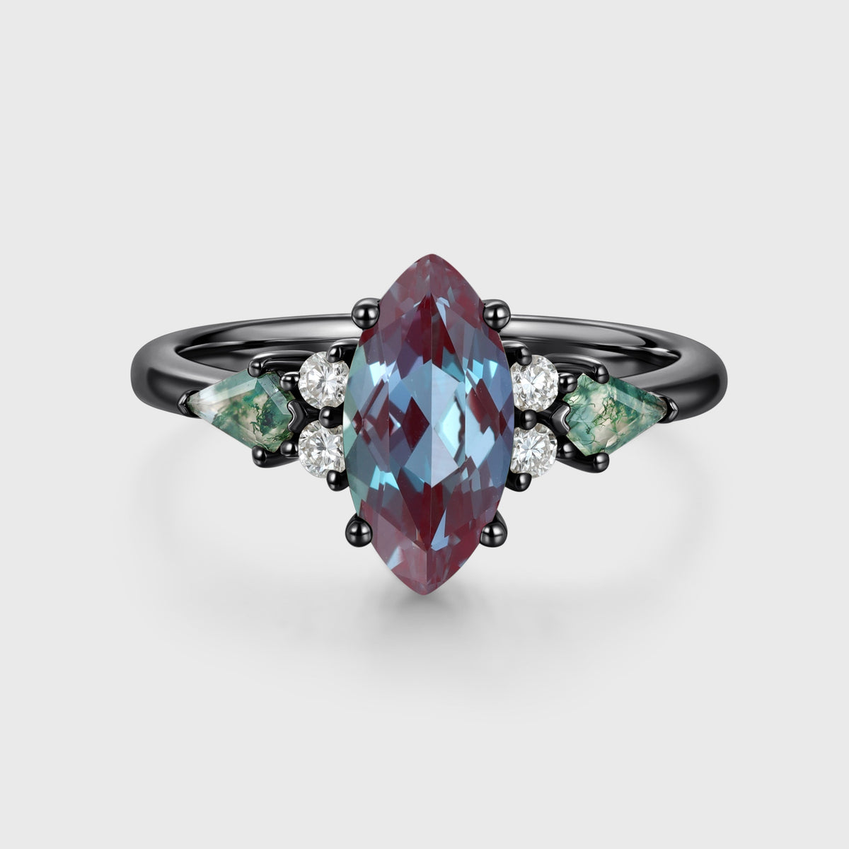 Marquise cut Lab Alexandrite & Moss Agate Solid Gold Engagement Ring