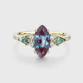 Marquise cut Lab Alexandrite & Moss Agate Solid Gold Engagement Ring
