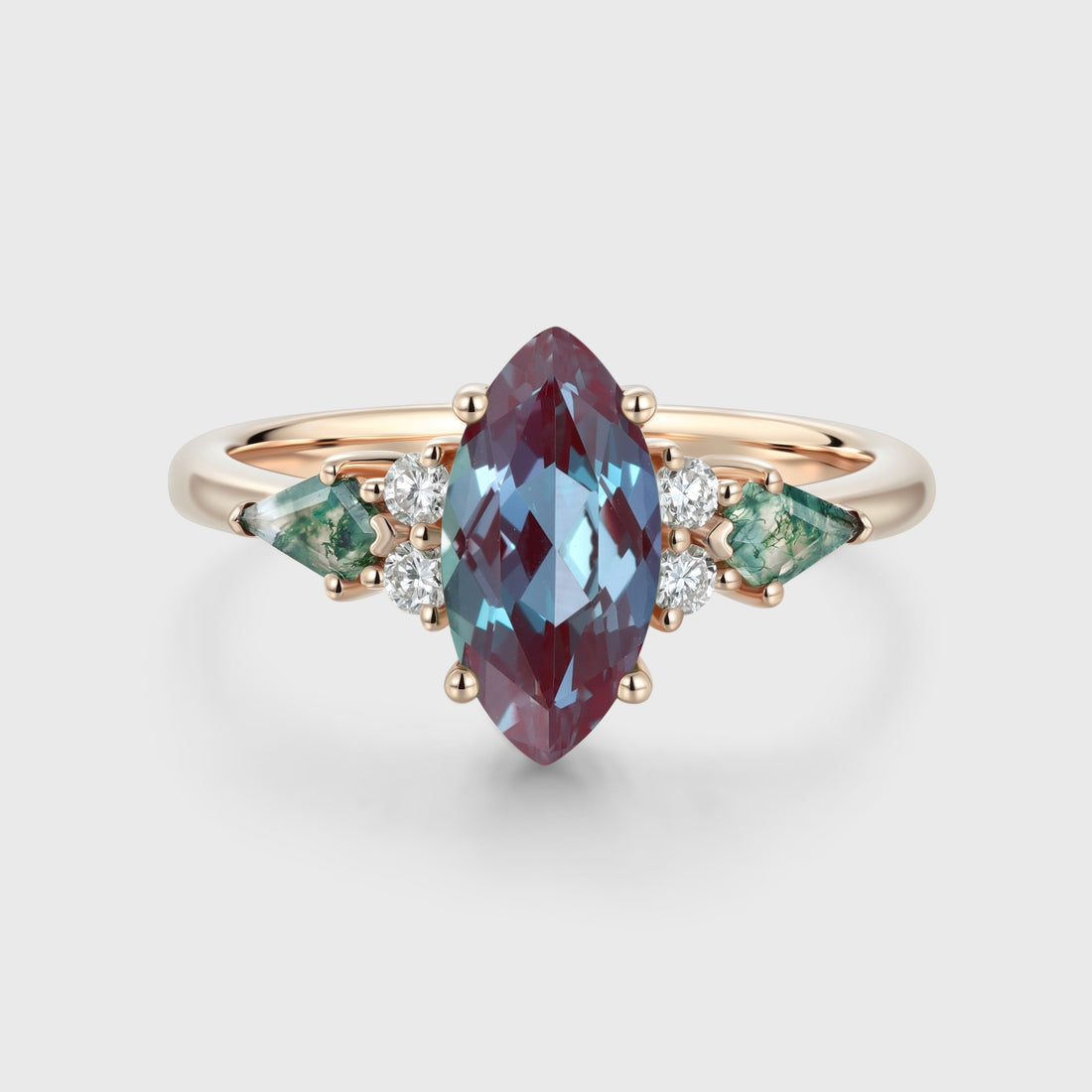 Marquise cut Lab Alexandrite & Moss Agate Solid Gold Engagement Ring