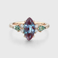 Marquise cut Lab Alexandrite & Moss Agate Solid Gold Engagement Ring