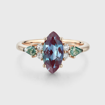 Marquise cut Lab Alexandrite & Moss Agate Solid Gold Engagement Ring