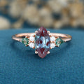 Marquise cut Lab Alexandrite & Moss Agate Solid Gold Engagement Ring