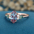 Marquise cut Lab Alexandrite & Moss Agate Solid Gold Engagement Ring