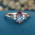 Marquise cut Lab Alexandrite & Moss Agate Solid Gold Engagement Ring