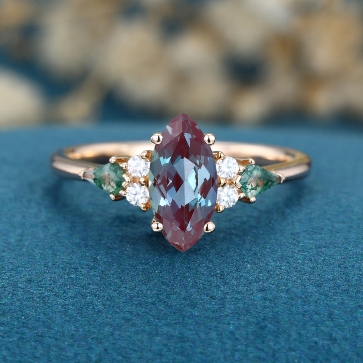 Marquise cut Lab Alexandrite & Moss Agate Solid Gold Engagement Ring