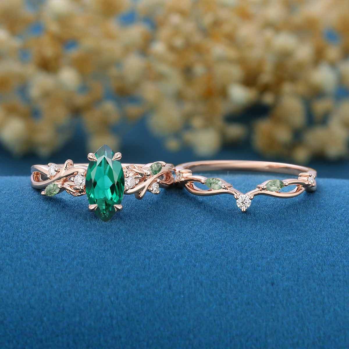 Marquise cut Lab Emerald Engagement Ring & Nature Inspired Moss Agate Wedding Bridal Set