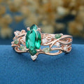 Marquise cut Lab Emerald Engagement Ring & Nature Inspired Moss Agate Wedding Bridal Set