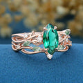 Marquise cut Lab Emerald Engagement Ring & Nature Inspired Moss Agate Wedding Bridal Set