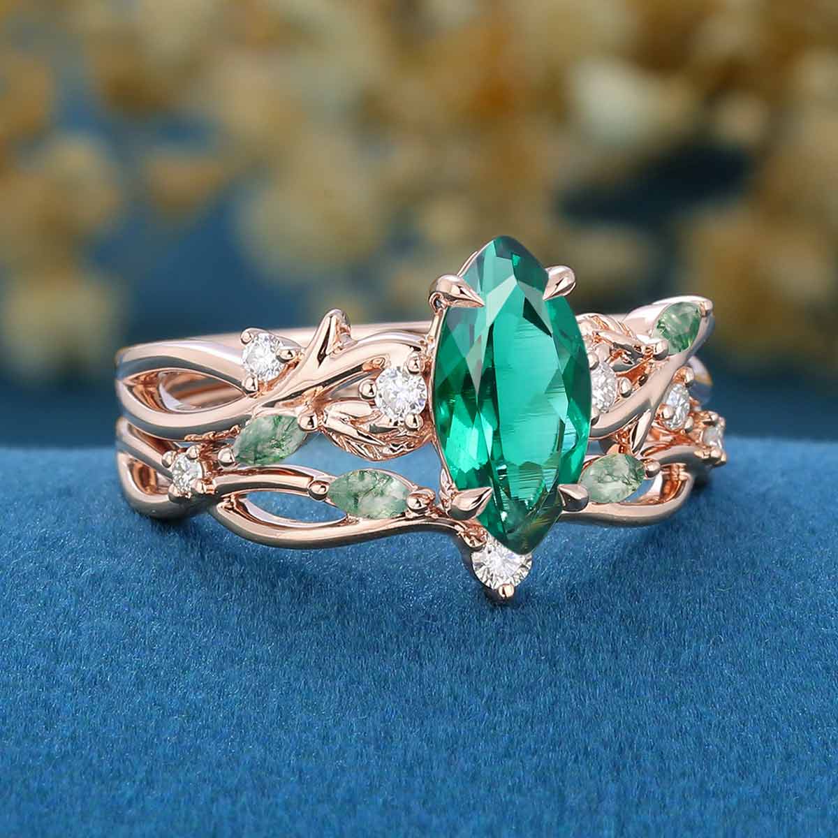 Marquise cut Lab Emerald Engagement Ring & Nature Inspired Moss Agate Wedding Bridal Set
