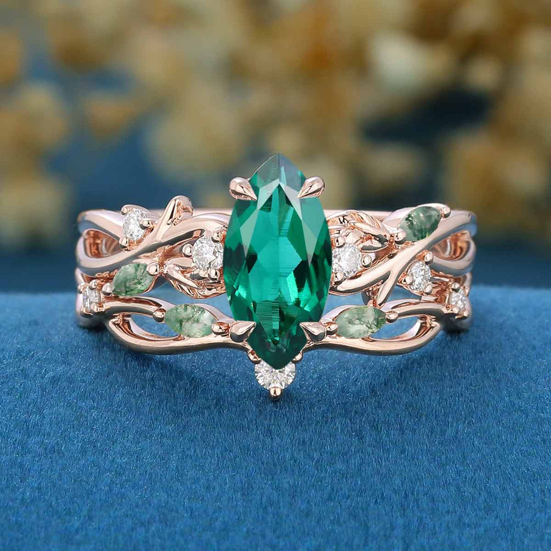 Marquise cut Lab Emerald Engagement Ring & Nature Inspired Moss Agate Wedding Bridal Set