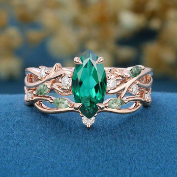 Marquise cut Lab Emerald Engagement Ring & Nature Inspired Moss Agate Wedding Bridal Set
