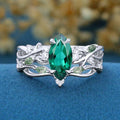 Marquise cut Lab Emerald Engagement Ring & Nature Inspired Moss Agate Wedding Bridal Set